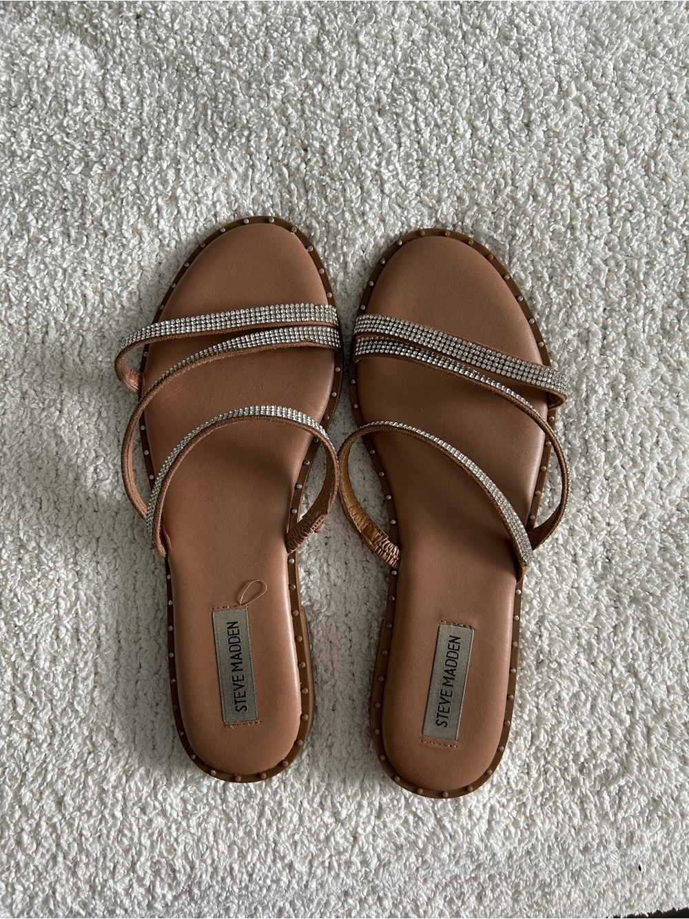 Steve Madden Tan Rhinestone Studded Flat Slide Sandals